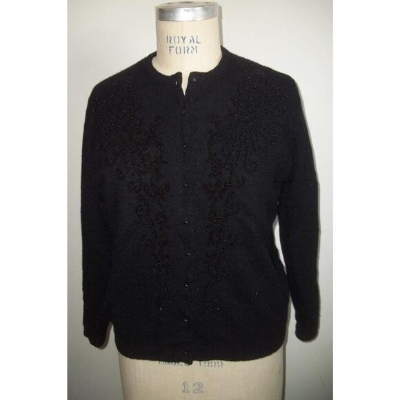 Vintage 50's Black Beaded Floral Print Cardigan Sweater 44 - Picture 2 of 9